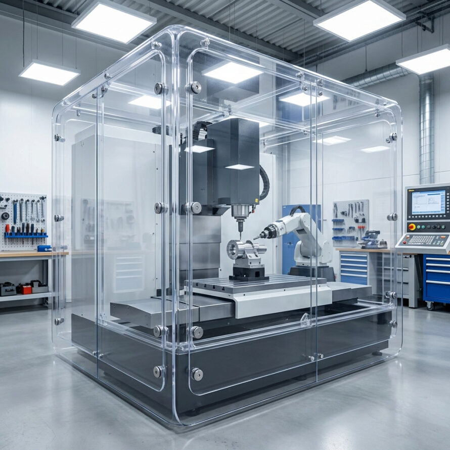 CNC-machine met transparante polycarbonaat beschermkap.
