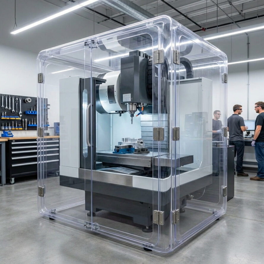 Industriële machine in transparante polycarbonaat behuizing.