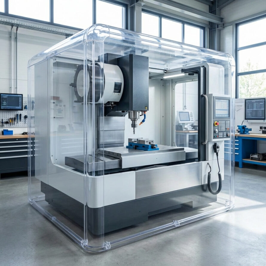 Machineveiligheid met transparante polycarbonaat omkasting.