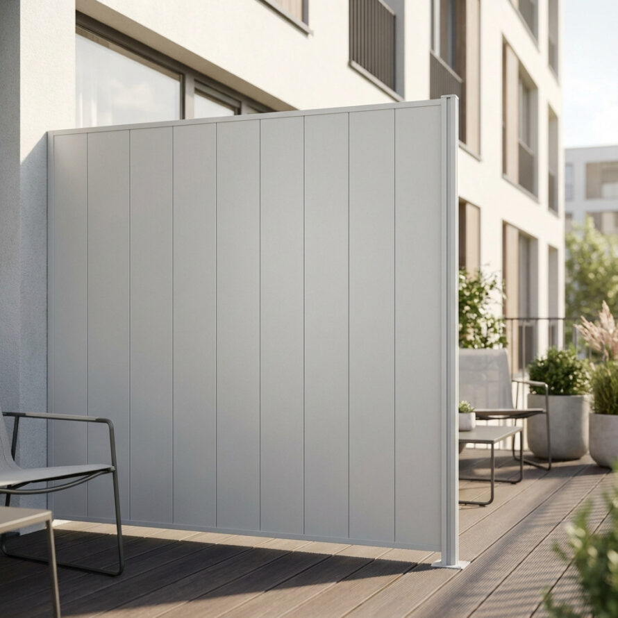 Strakke balkonafscheiding van kunststof tussen twee appartementenbalkons