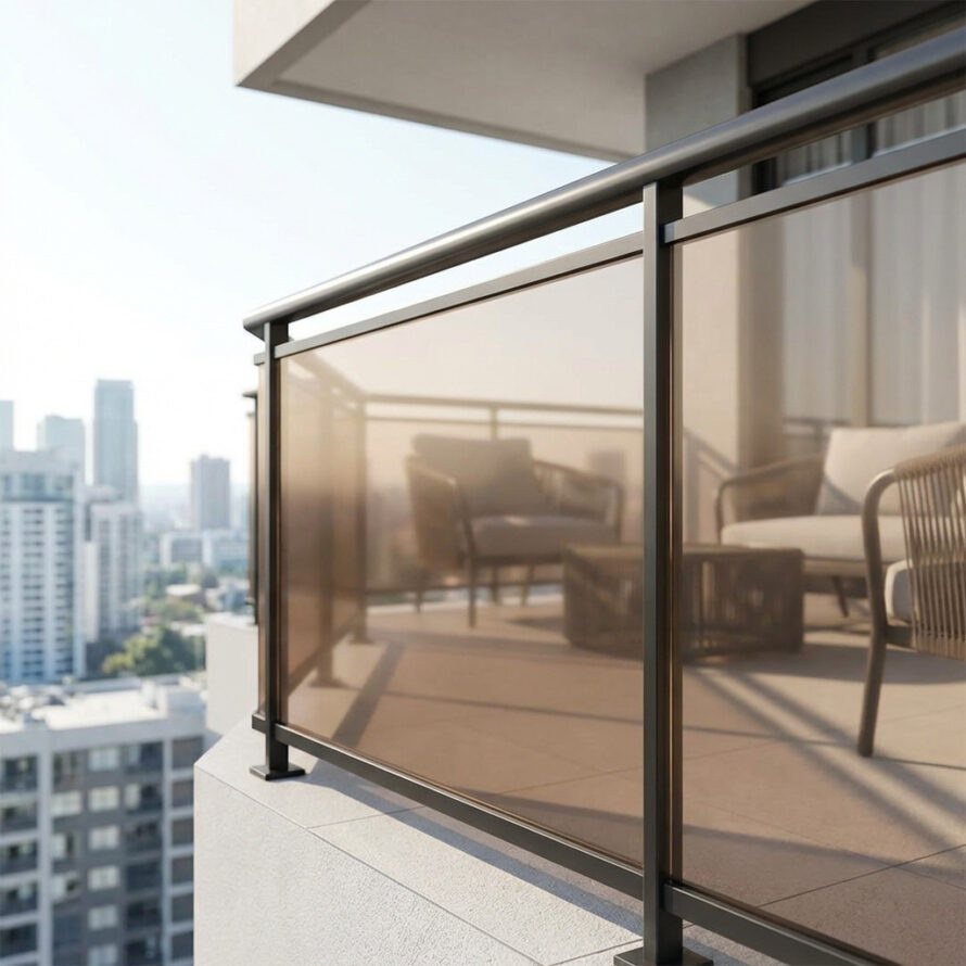 Moderne balkonafscheiding van rookglas kunststof voor privacy en windbescherming