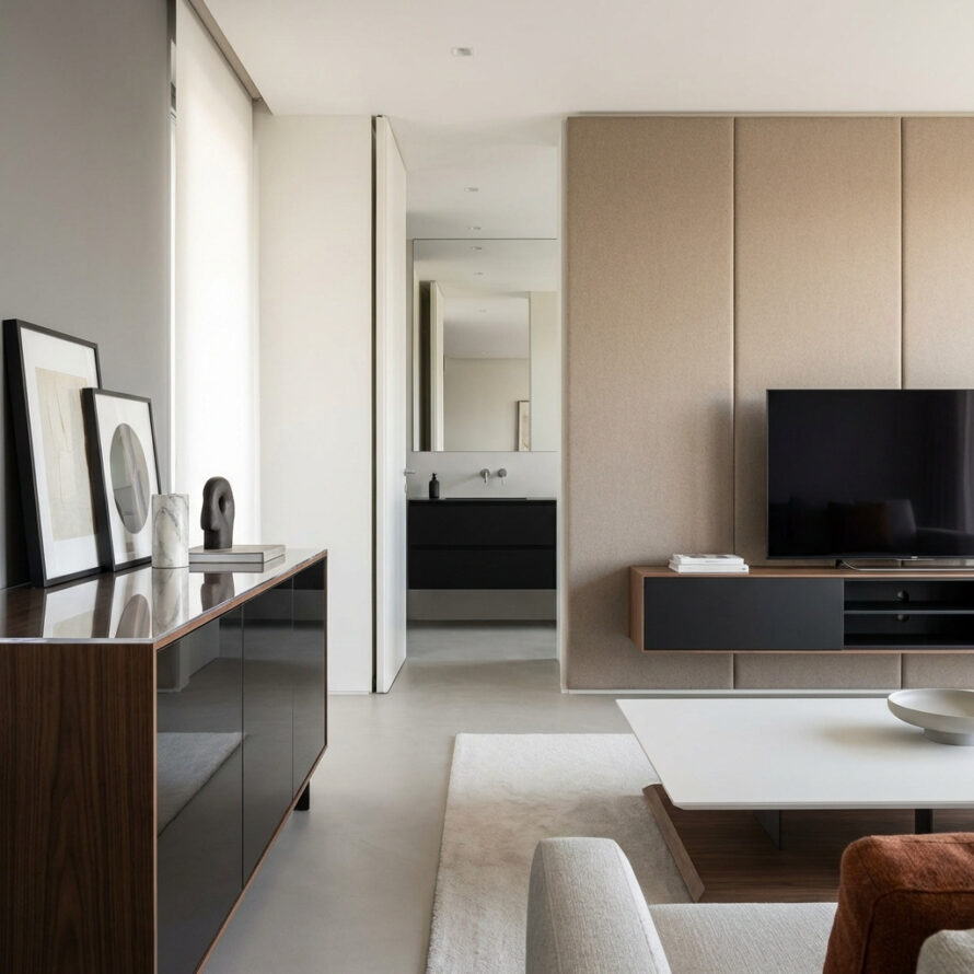 Eigentijdse woonruimte met kunststof wandmeubels en tv-opstelling, ontworpen in een strak en modern interieur.