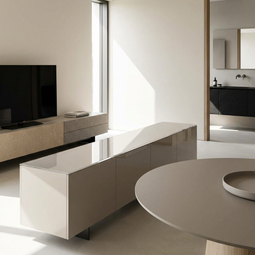 Moderne keuken met gebogen kunststof werkblad en minimalistisch ontwerp in zachte, lichte kleuren.