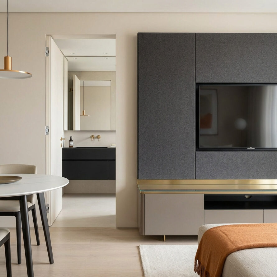 Strakke slaapkamer met kunststof kastenwand en geïntegreerd tv-meubel in een modern design.