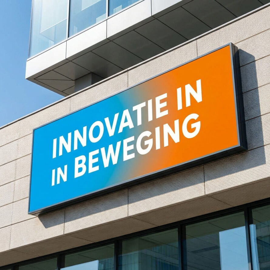 Gevelreclame van kunststof met opvallende kleuren aan een modern kantoorpand