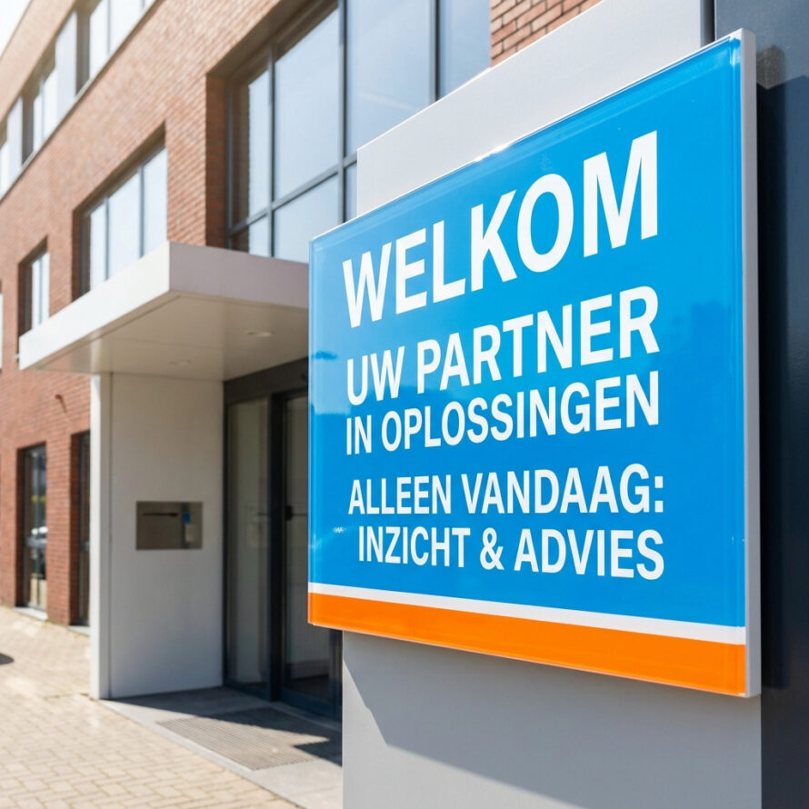 Informatiebord van plexiglas bij een bedrijfspand met welkomsttekst