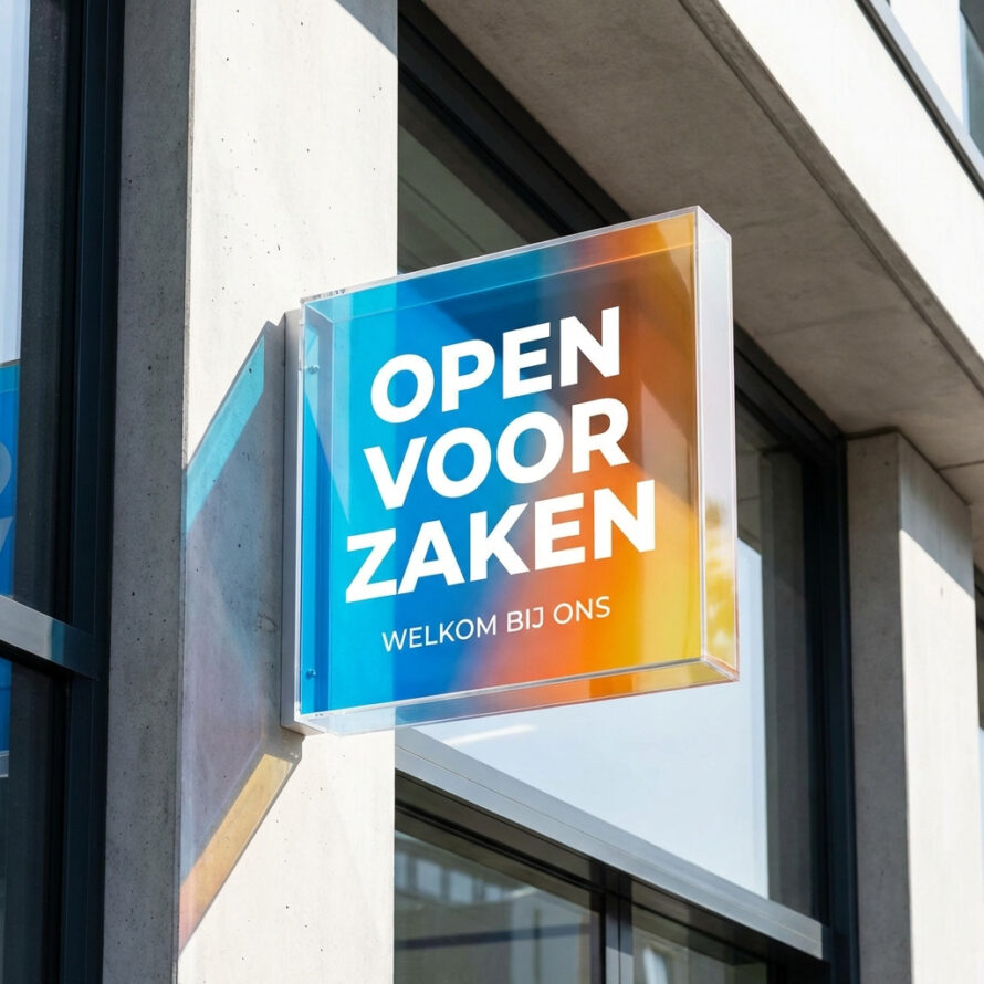 Uithangbord van plexiglas aan de gevel van een winkelpand