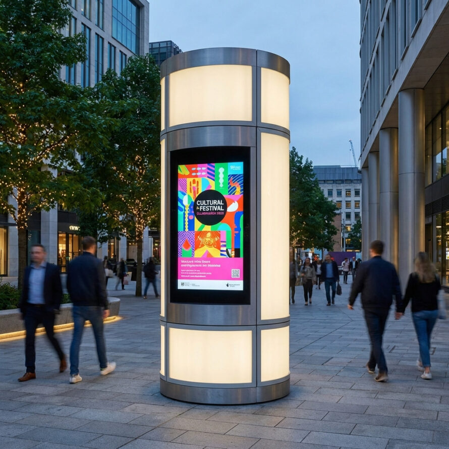 Verlichte reclamezuil van kunststof met digitaal scherm in een stedelijke omgeving