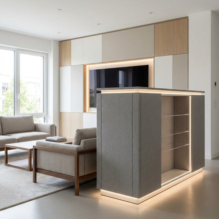 Moderne woonruimte met kunststof meubelbekleding, strakke kasten en cinewall met akoestische panelen