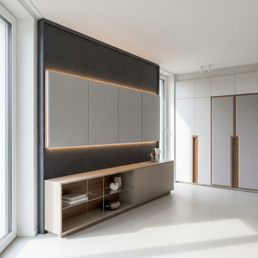 Minimalistisch interieur met Trespa® kasten, Dibond® panelen en indirecte LED-verlichting