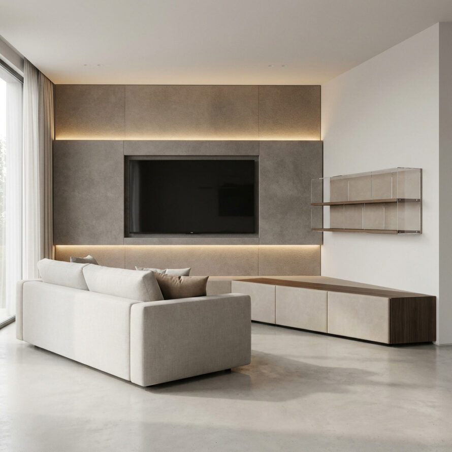 Minimalistisch interieur met Trespa® kasten, Dibond® panelen en indirecte LED-verlichting