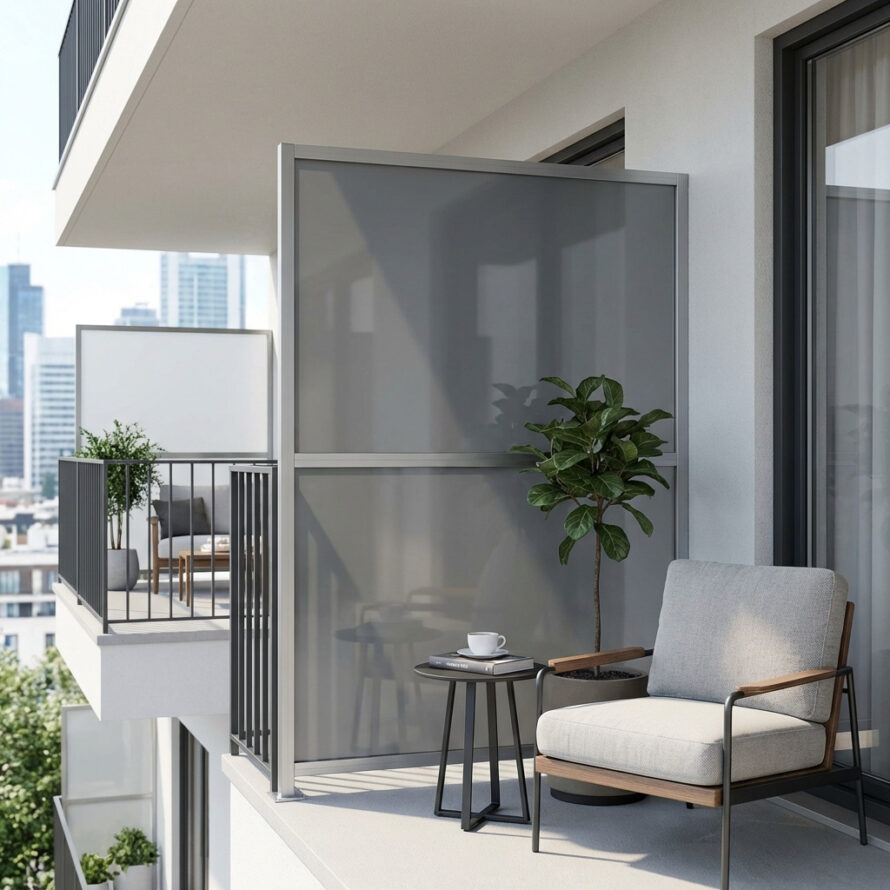 Balkonafscheiding van bronskleurig kunststof voor wind- en privacybescherming