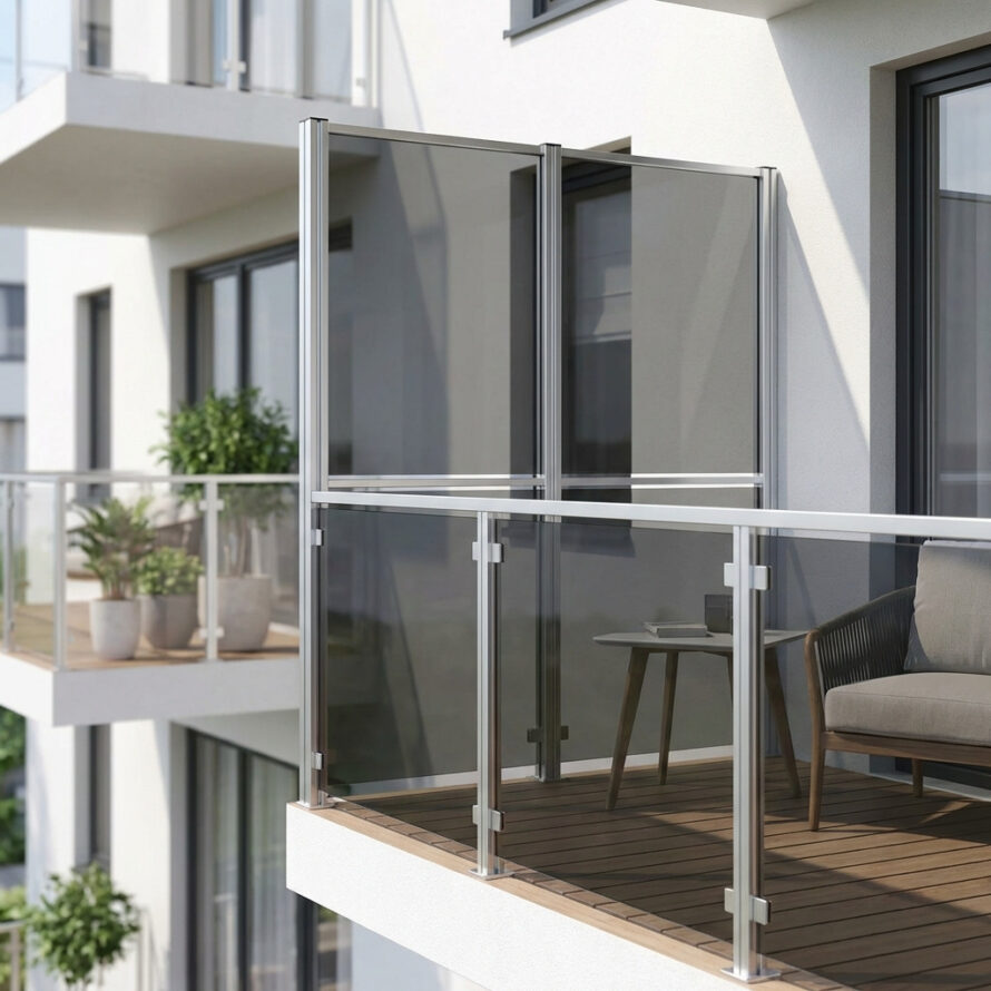 Moderne balkonafscheiding van glasachtig kunststof met stadszicht