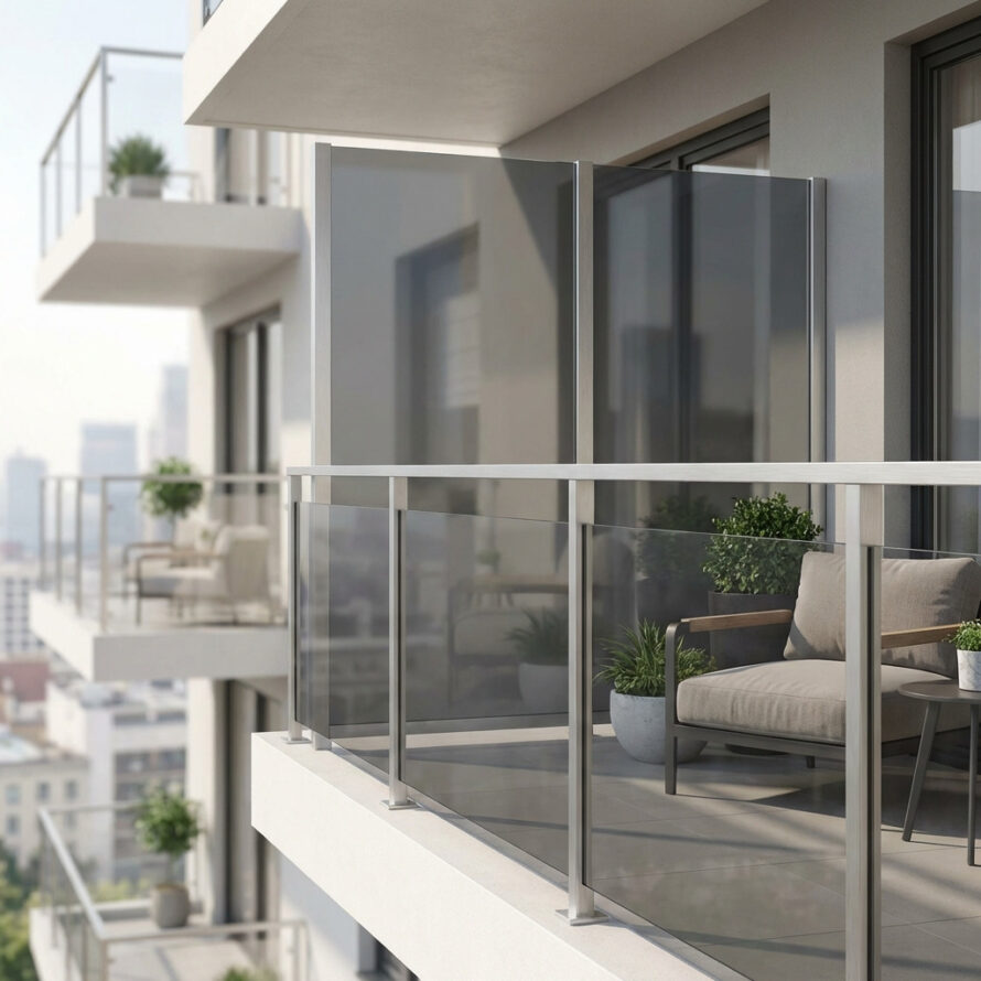 Moderne balkonafscheiding van glasachtig kunststof met stadszicht