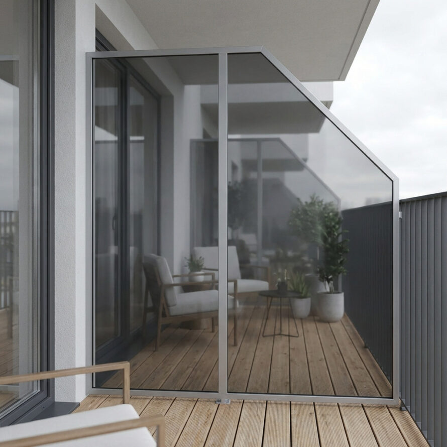 Balkon met transparante kunststof afscheiding en houten vlonder