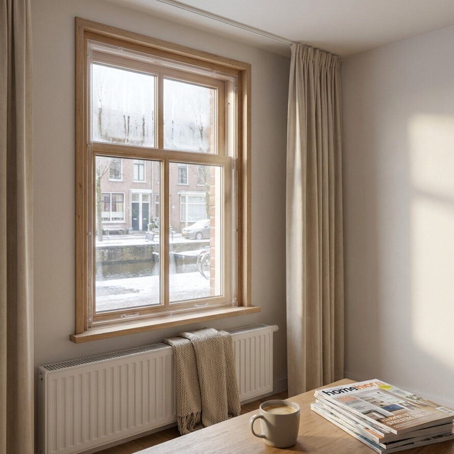 Voorzetraam geplaatst boven radiator voor betere warmte-isolatie