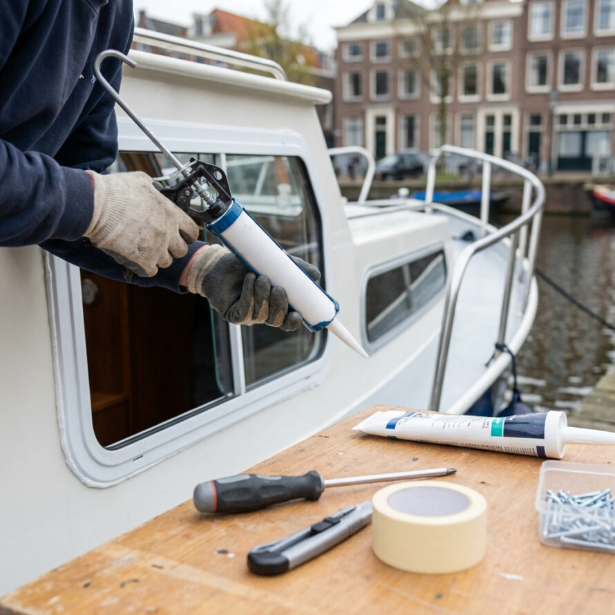 Montage van een kunststof raam in een boot, met afdichtingsmateriaal en gereedschap.