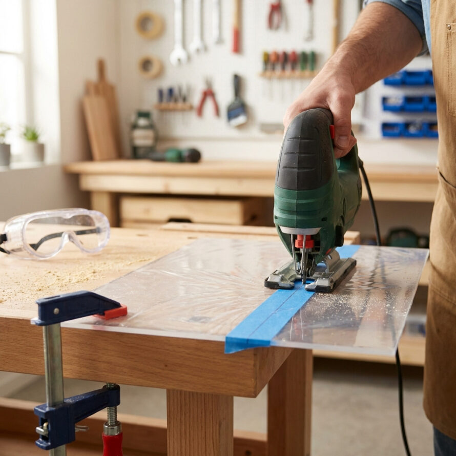 Kunststof plaat rustig zagen op werkbank, focus op veilig en nauwkeurig werken.