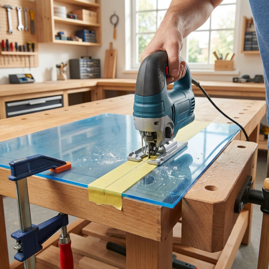 Plexiglas zagen met decoupeerzaag, zaaglijn afgeplakt met schilderstape.