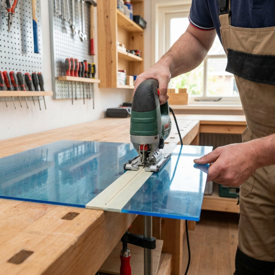 Zagen van plexiglas met decoupeerzaag, kunststof plaat vastgeklemd op werkbank.