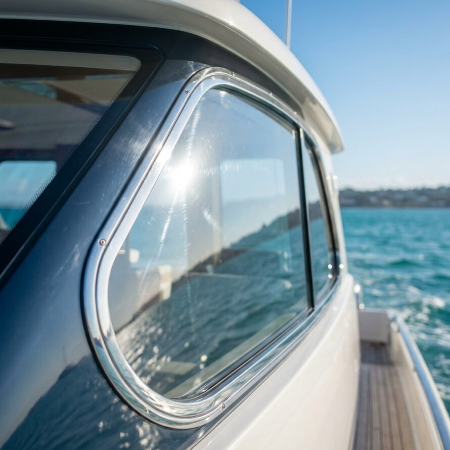 Transparant kunststof raam in een donkerblauwe boot, met zicht op de zee tijdens het varen.