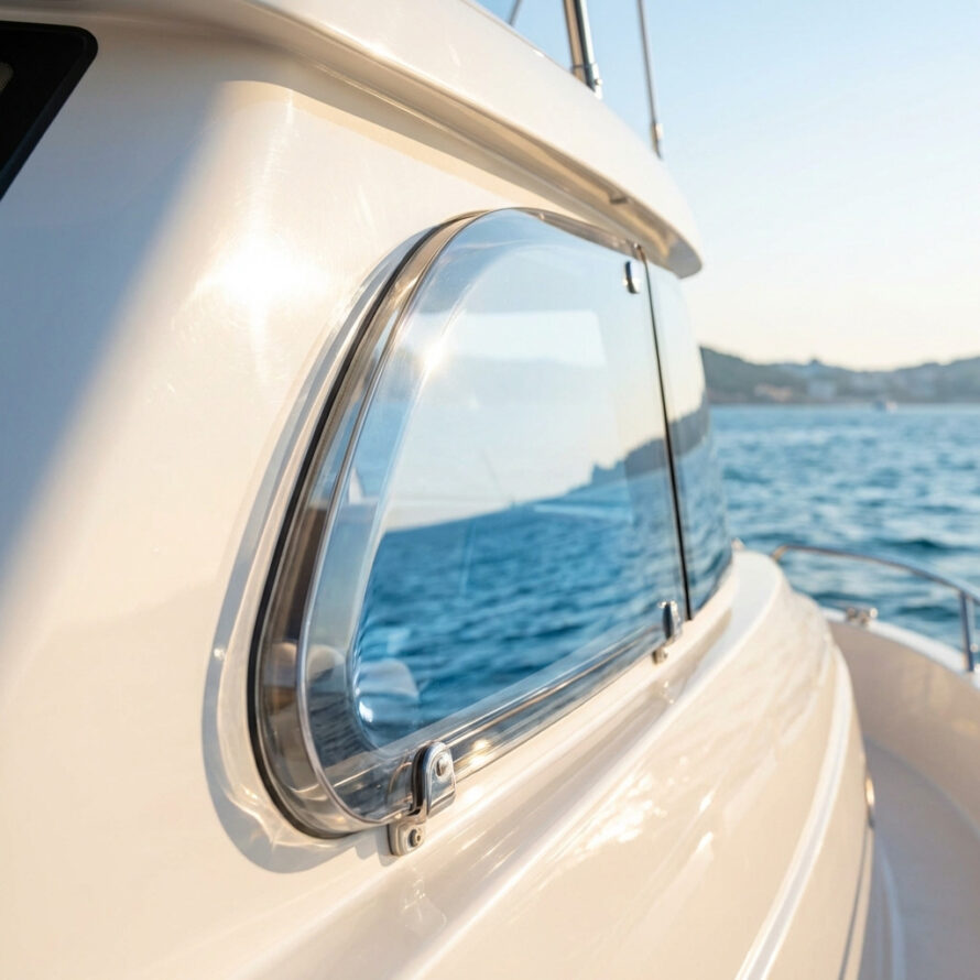 Kunststof scheepsraam met afgeronde hoeken in een witte bootwand, met uitzicht op zee.