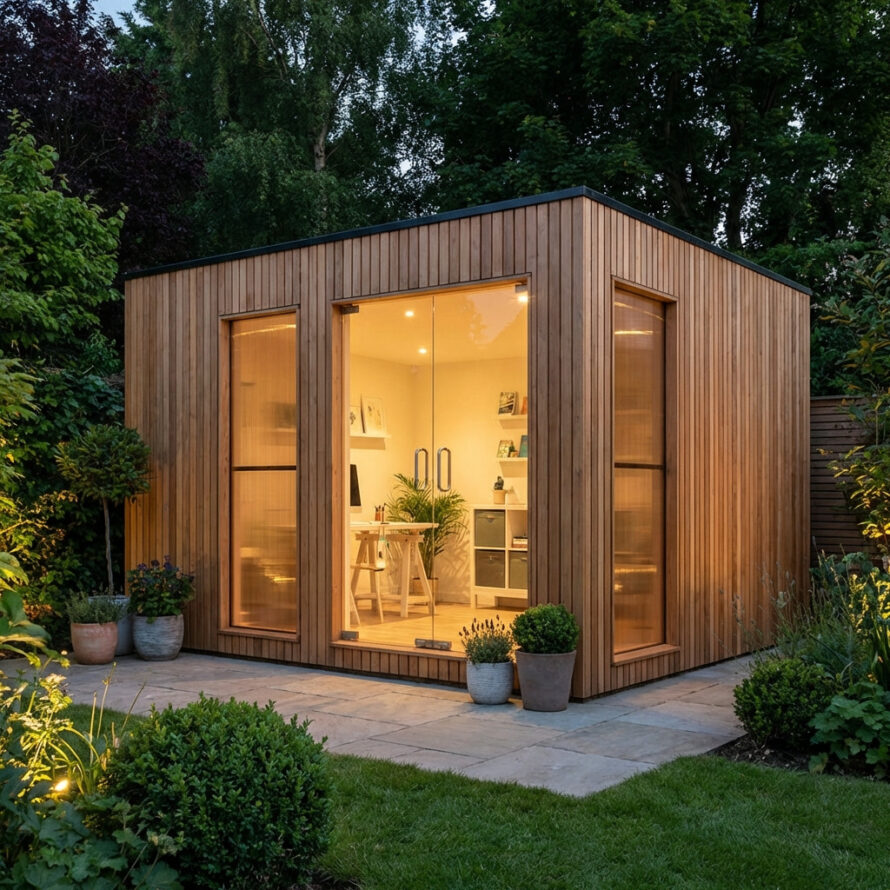 Modern tuinhuis met grote kunststof ramen en sfeervolle verlichting