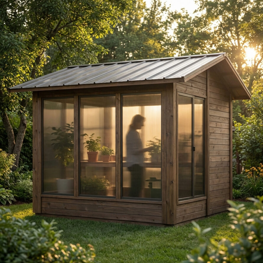 Binnenzijde van tuinhuis met helder kunststof raam en uitzicht op de tuin