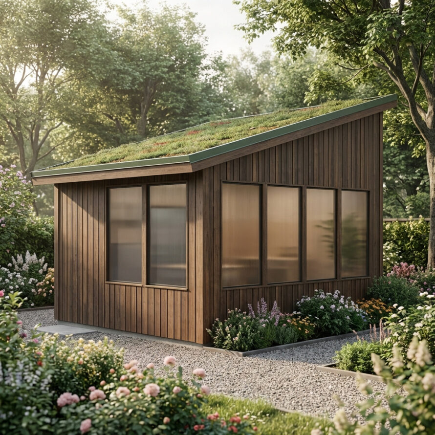 Tuinhuis met vaste kunststof ramen en moderne uitstraling