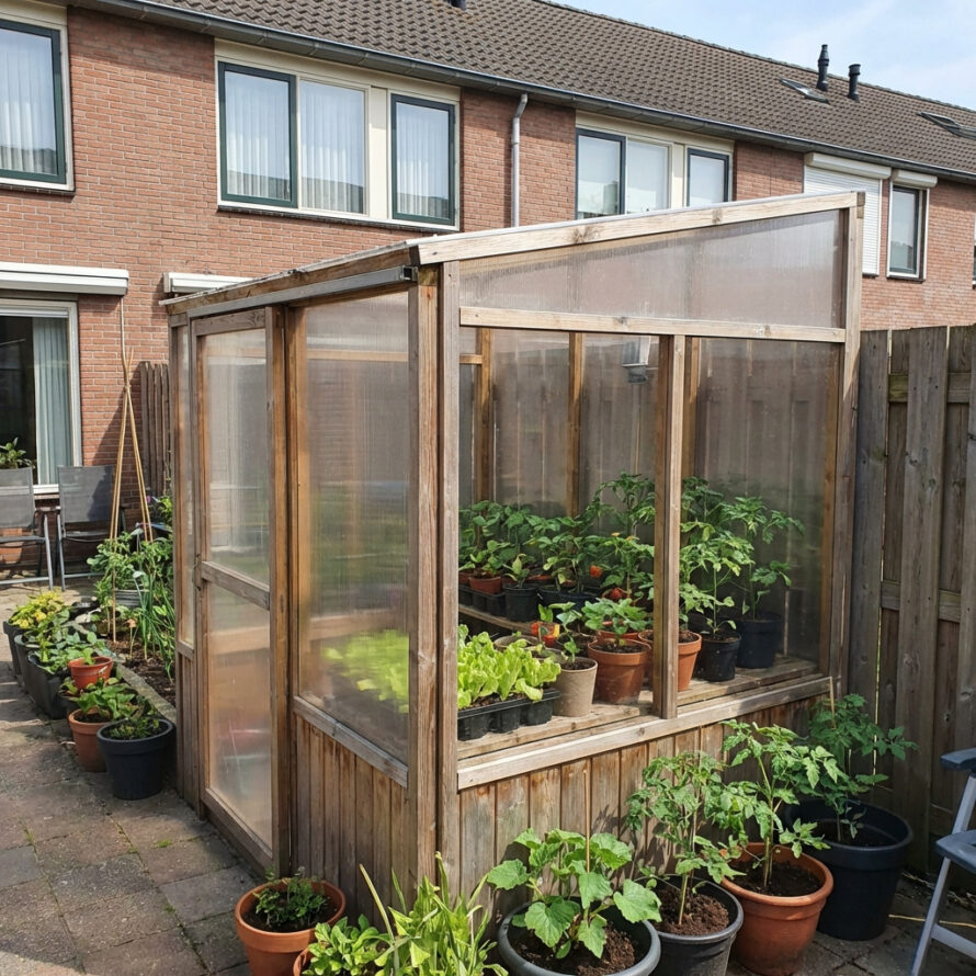 Binnenkant van een houten tuinkas met plexiglas, zicht op looppad en groene planten, eenvoudige en duurzame kweekkas.