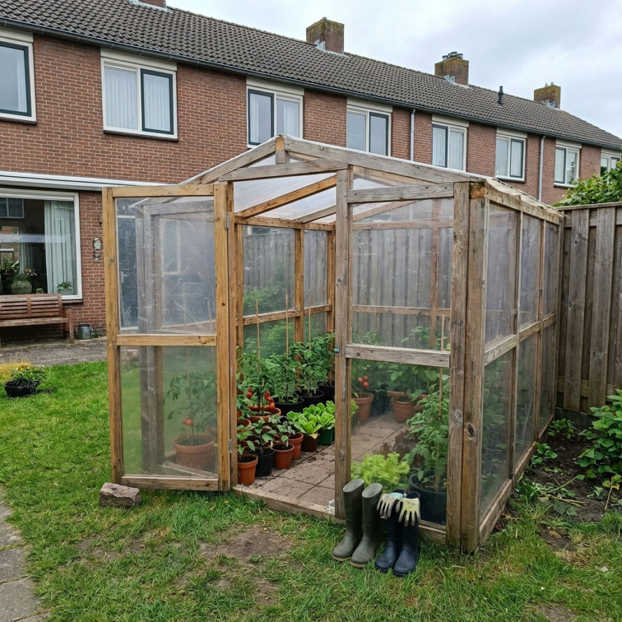 Binnenzijde van een kweekkas met plexiglas en jonge groenteplanten