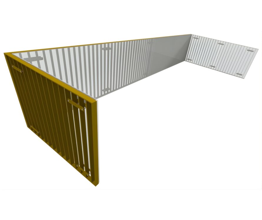 3D-visualisatie van een balkonafscheiding met glazen panelen en verticale metalen spijlen in een hoekopstelling.