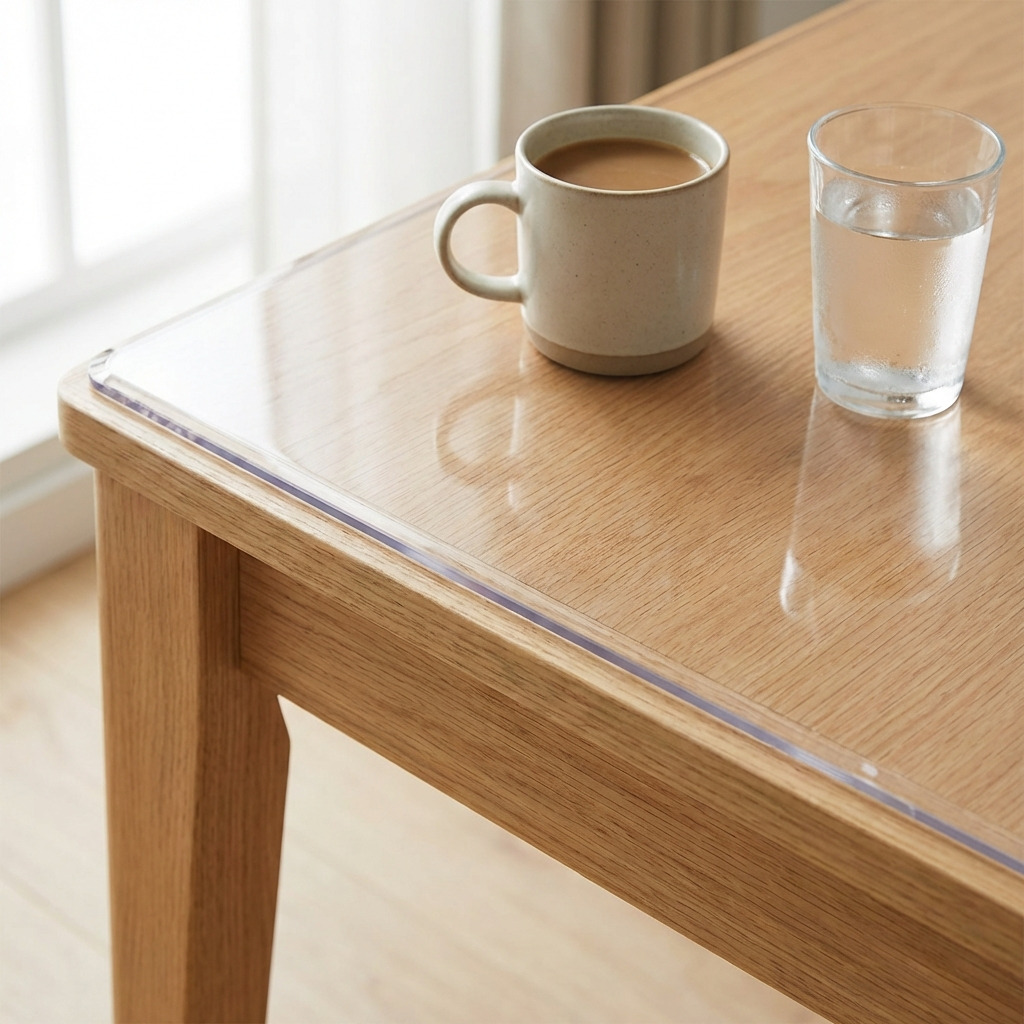 Plexiglas tafelbeschermer op houten eettafel ter bescherming tegen krassen en vlekken