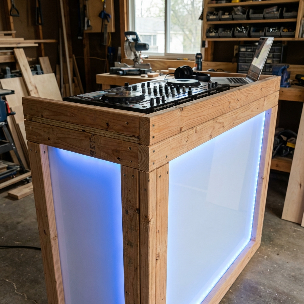 DIY DJ booth met houten frame en opaal plexiglas frontpaneel met interne blauwe LED-verlichting in werkplaats.