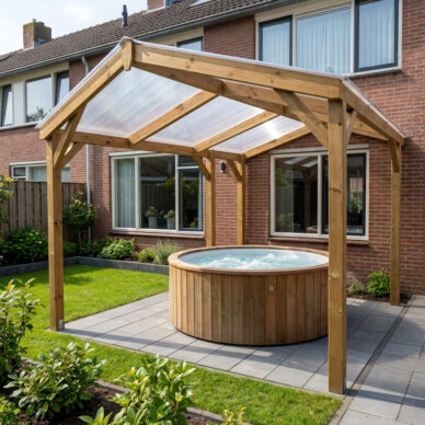 Vrijstaande houten overkapping voor jacuzzi met transparante dakplaten en moderne afwerking.