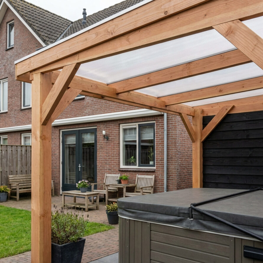 Jacuzzi onder houten overkapping in een compacte stadstuin met bestrating en schutting.