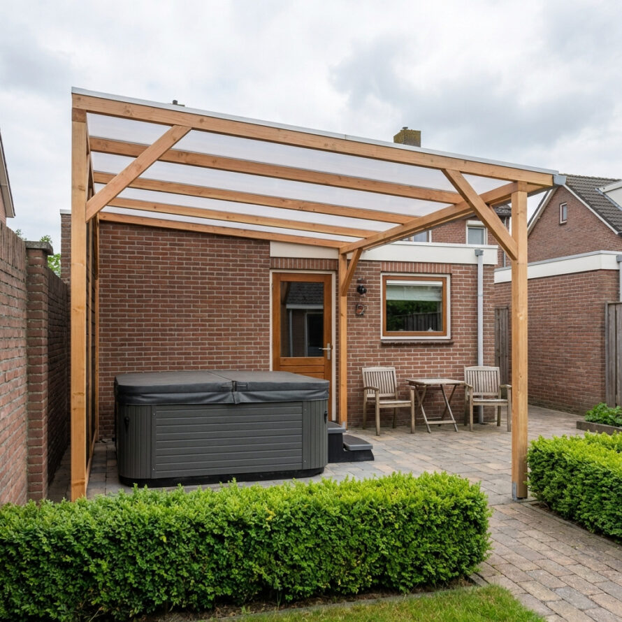Houten jacuzzi overkapping in een Nederlandse achtertuin met transparant dak en moderne jacuzzi.