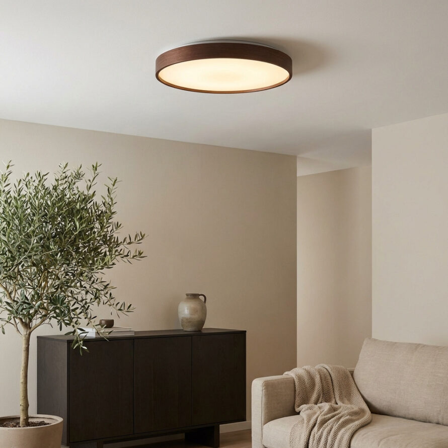 Ronde plafondlamp in Japandi stijl met warme, egaal verspreide verlichting en houten afwerking in rustige woonkamer.