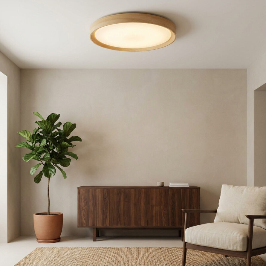 Ronde Japandi plafondlamp met houten rand en opaal diffuser, gemonteerd aan een wit plafond in een minimalistische woonkamer.