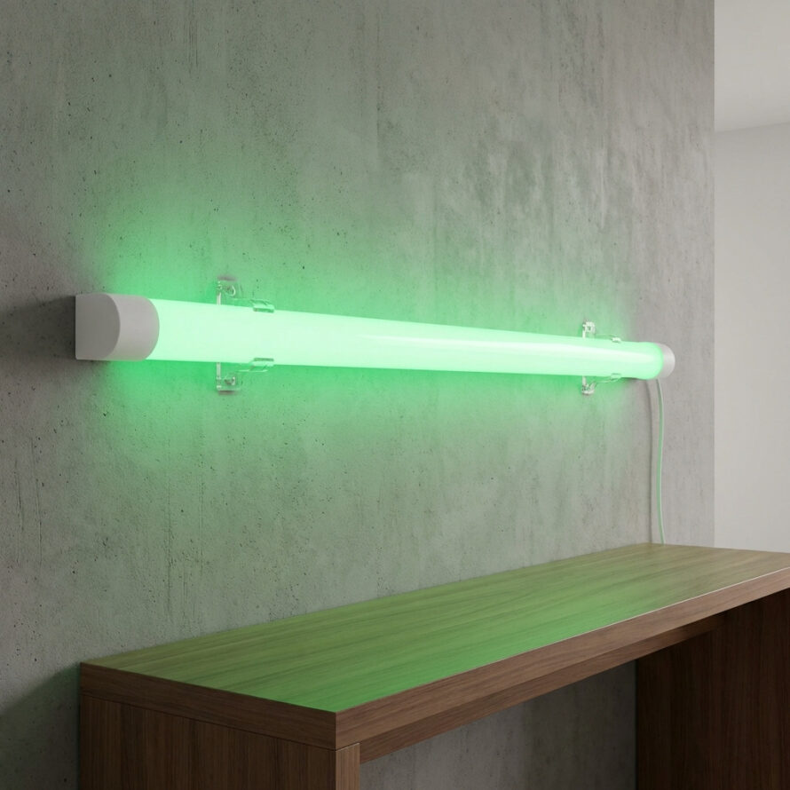 Groen verlichte LED-buis van opaal plexiglas, horizontaal gemonteerd boven een houten plank.