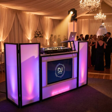 DJ booth met verlichte plexiglas panelen in paars en roze LED-verlichting tijdens evenement.