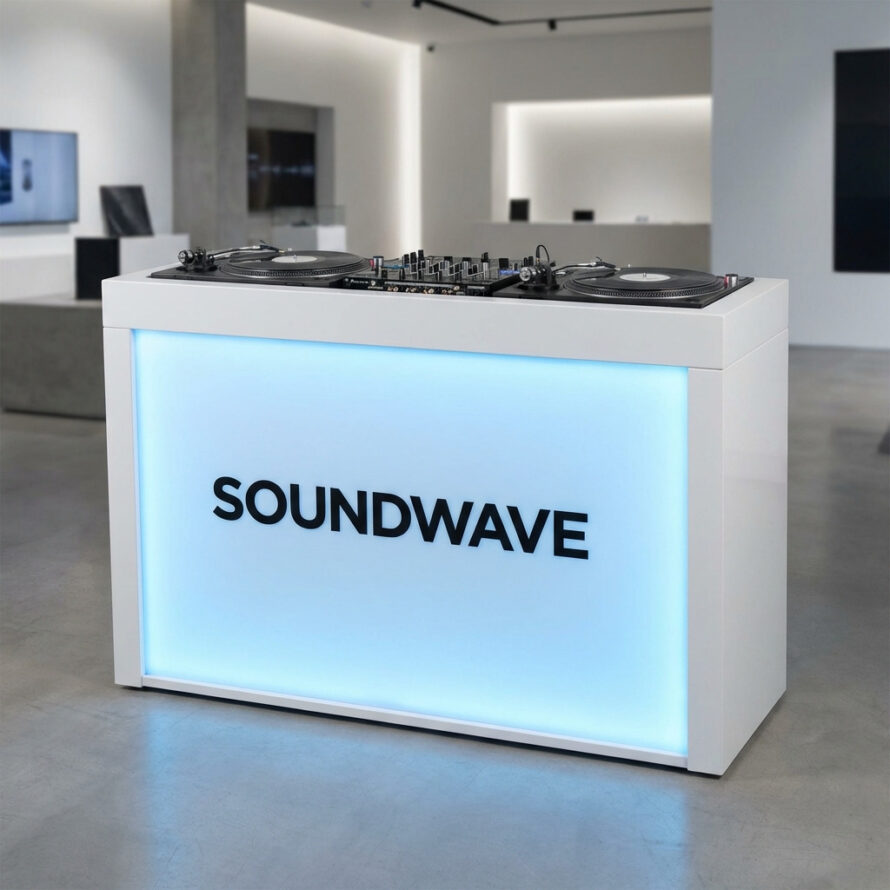 Witte DJ booth met opaal plexiglas frontpaneel en interne LED-verlichting in moderne showroom.