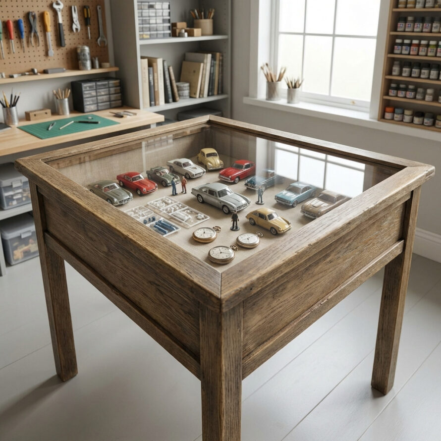 Rustieke houten tafel met glazen bovenkant en miniatuurcollectie in een lichte ruimte.