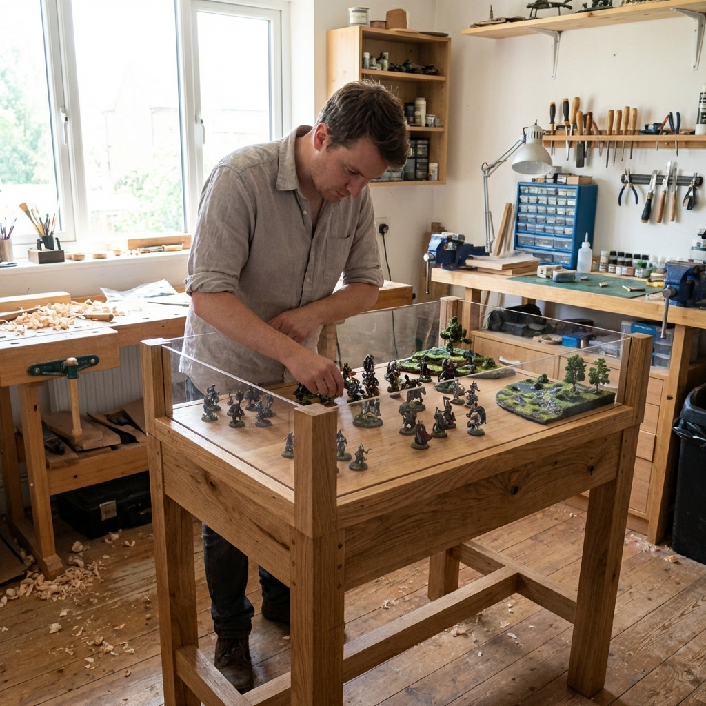 Man werkt aan een houten tafel met ingebouwde miniatuurdisplay in een atelier.