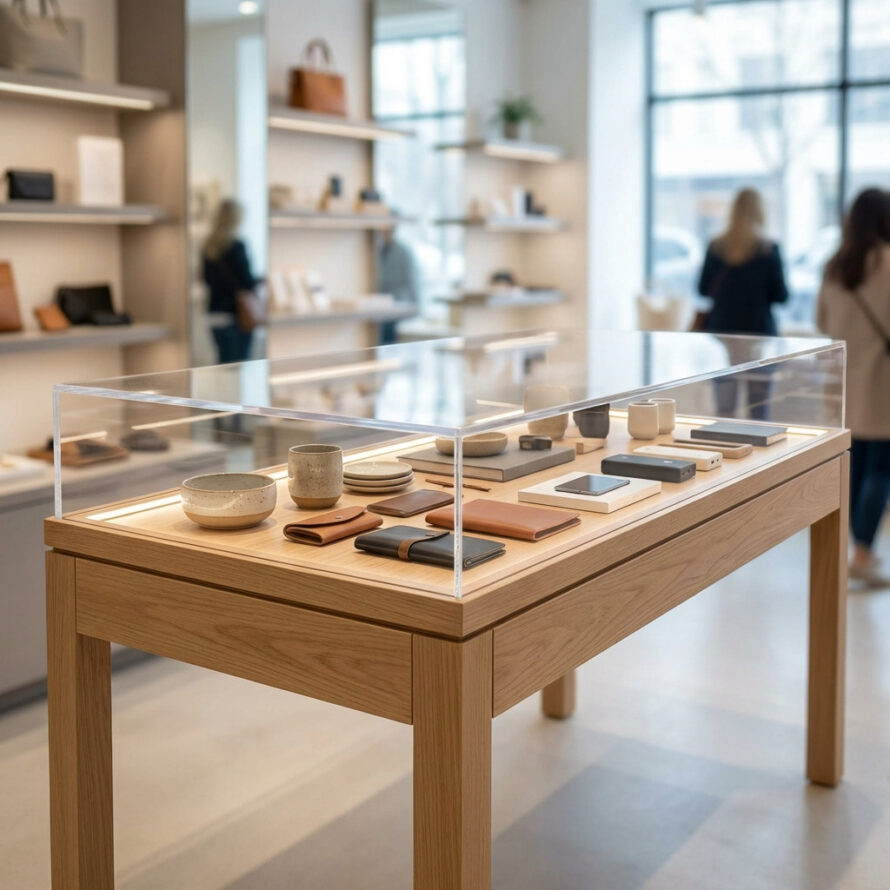 Moderne houten salontafel met glazen bovenkant en zichtbare opbergvakken, opgesteld in een showroom.