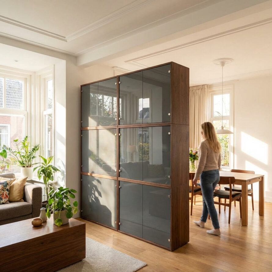 Roomdivider plexiglas rookgrijs kast