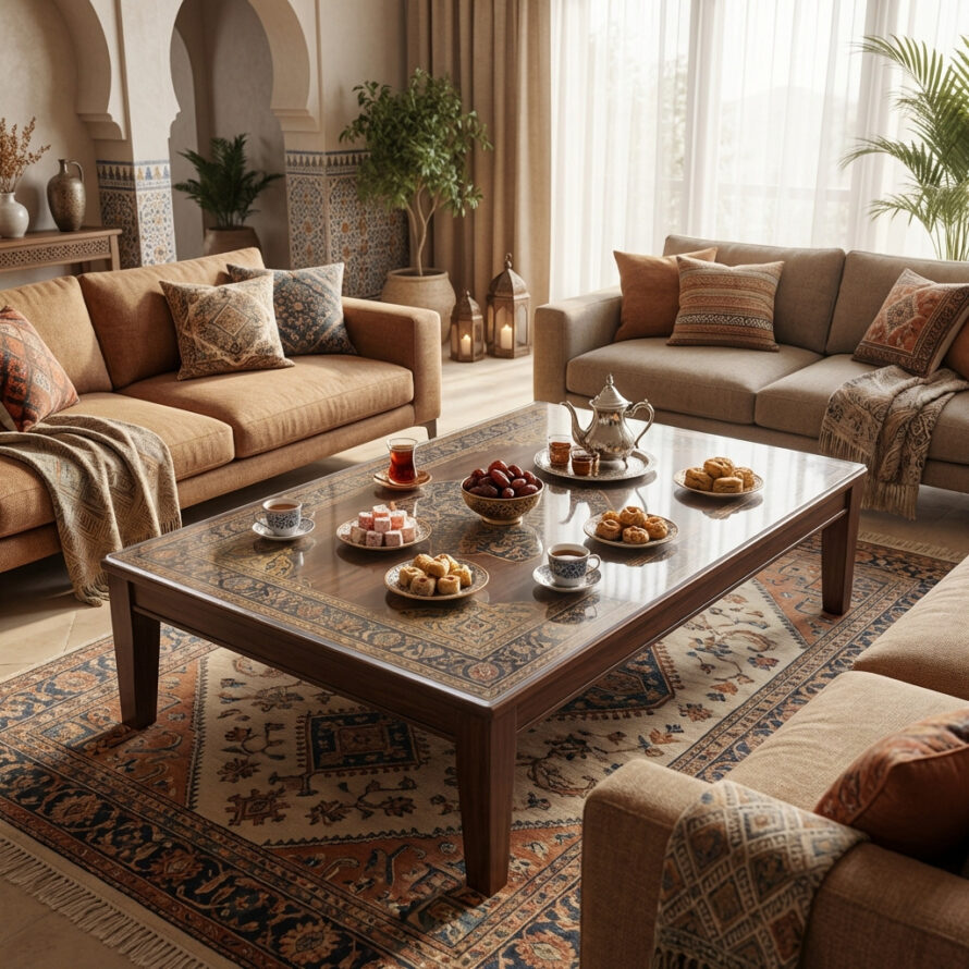 Stijlvolle woonkamer met beige zitbanken en een houten salontafel met transparante plexiglas tafelbeschermer, gedekt met thee, bloemen en hapjes.