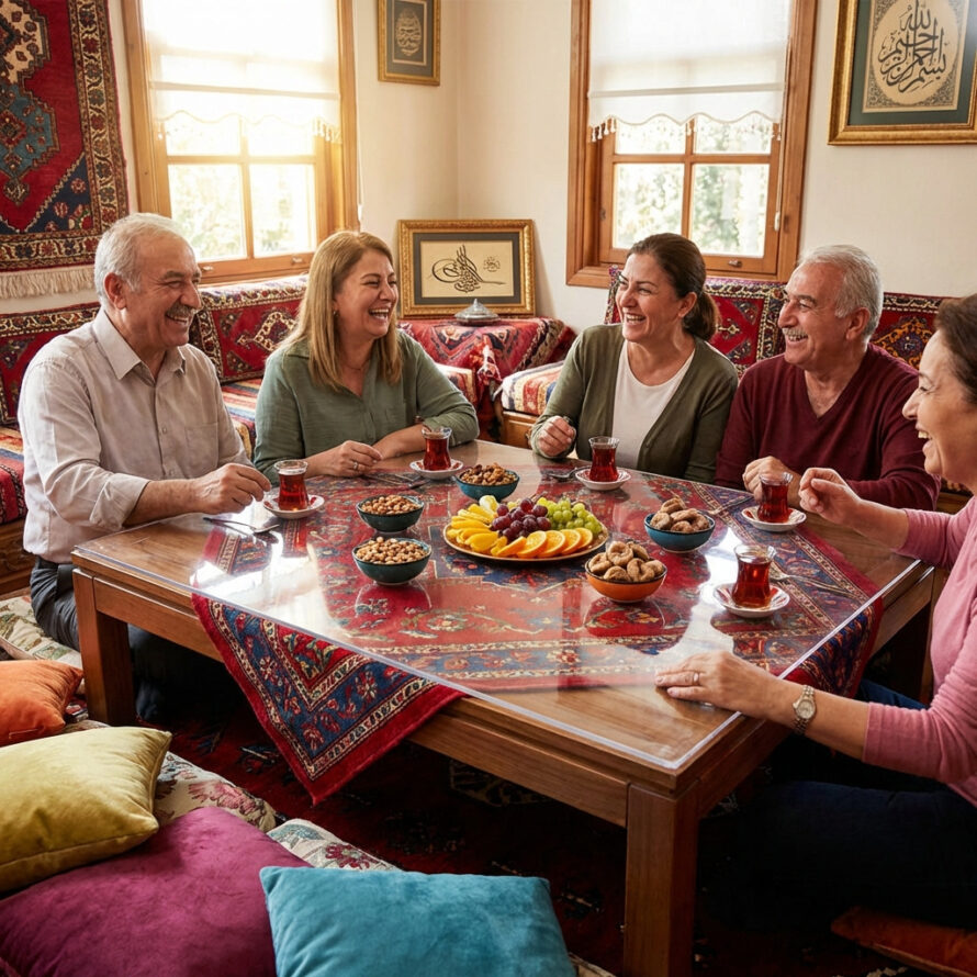 Groep mensen geniet samen van eten aan een lage tafel met een rood kleed en een transparante plexiglas tafelbeschermer, in een gezellige woonkamer.