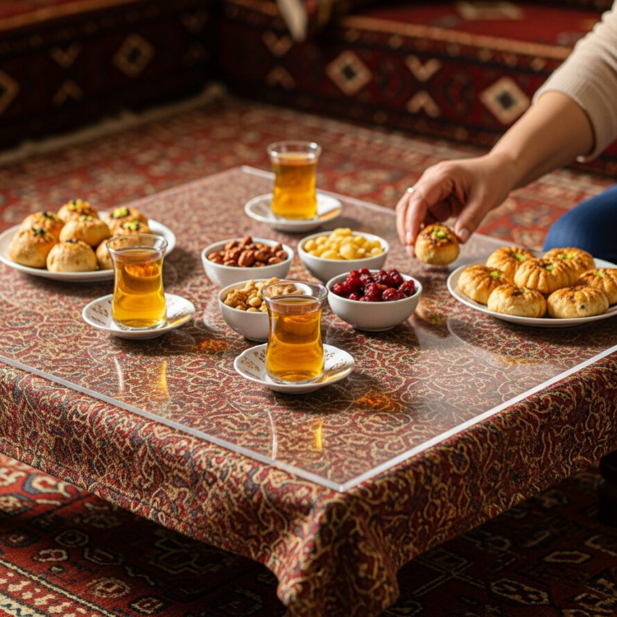 Lage tafel met traditioneel patroon en transparante plexiglas tafelbeschermer, gedekt met thee, dadels en zoetigheden, terwijl iemand een hapje pakt