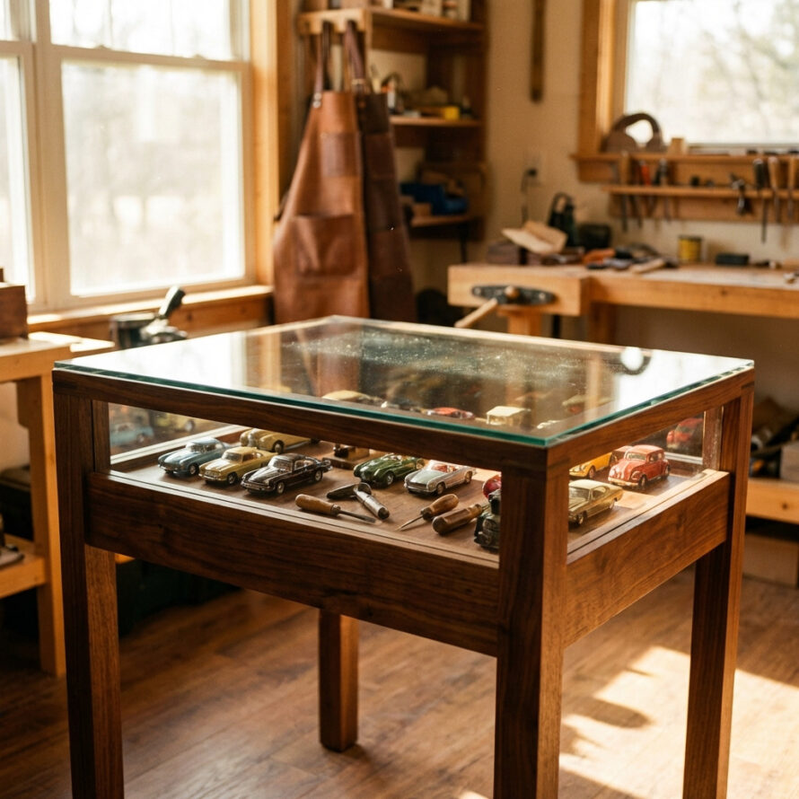 Donkerhouten salontafel met glazen blad en vakken gevuld met accessoires, in een warme, sfeervolle ruimte.